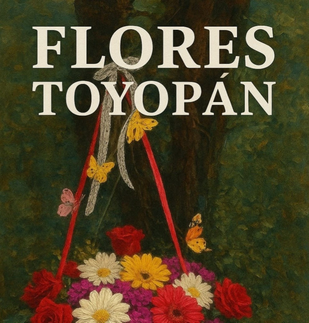 Logo principal de Flores Toyopán con pintura detrás de arreglo floral
