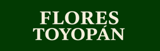 Logo de la floristería Flores Toyopán en letras blancas con fondo negro.