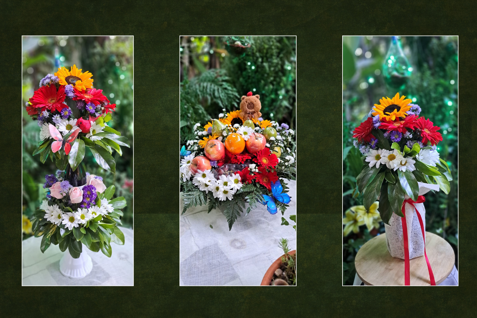 Muestras de arreglos personalizados por los clientes de Flores Toyopán que incluyen frutas, bebidas y envolturas especiales.